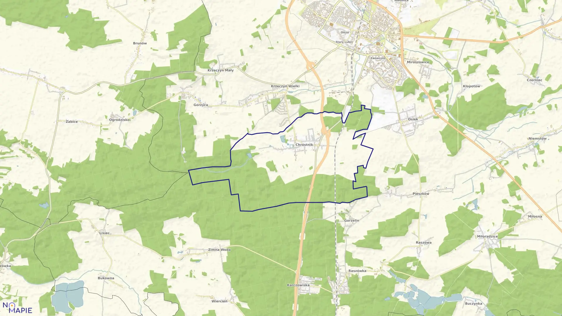 Mapa obrębu Chróstnik w gminie Lubiń