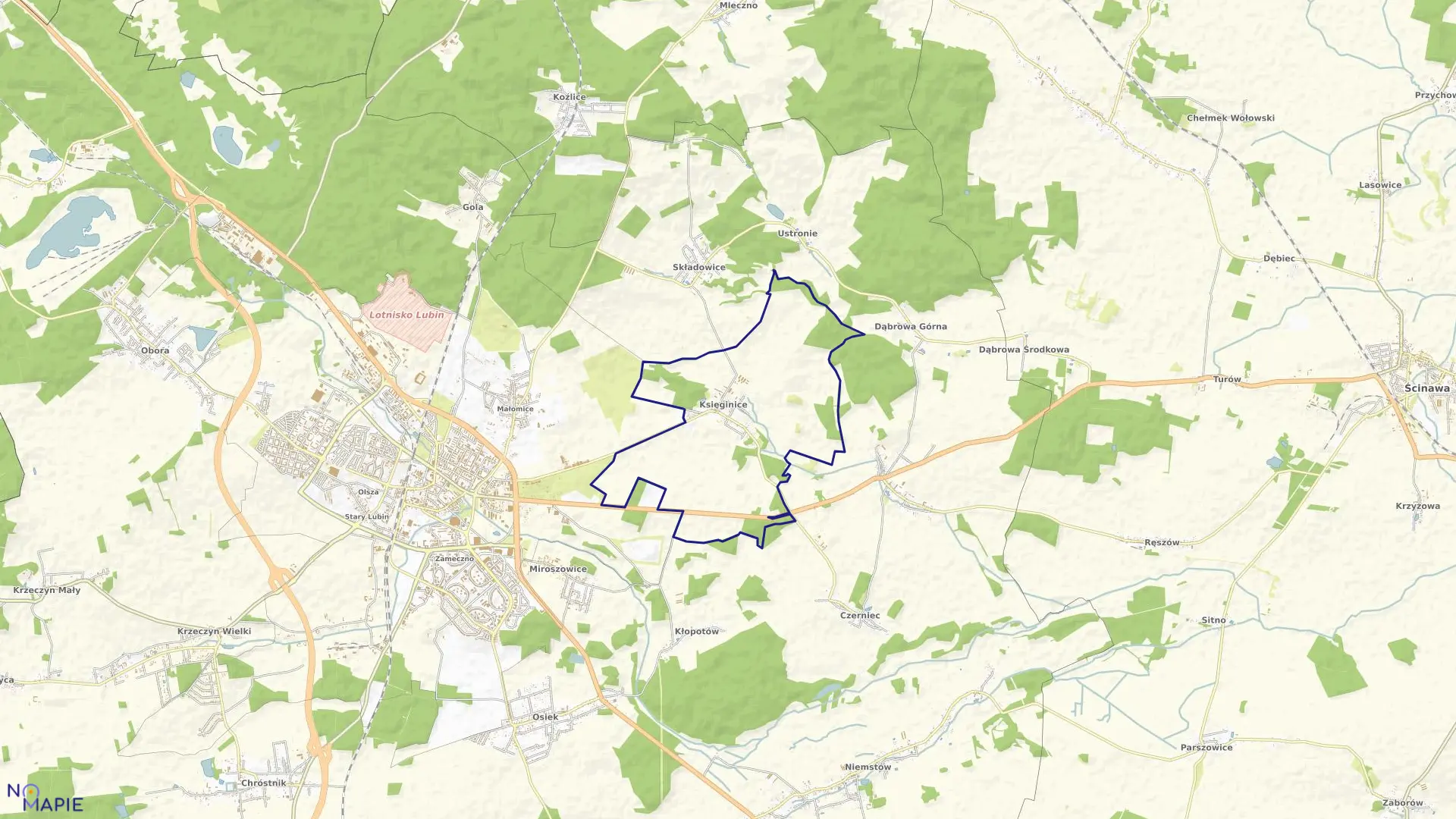 Mapa obrębu Księginice w gminie Lubiń