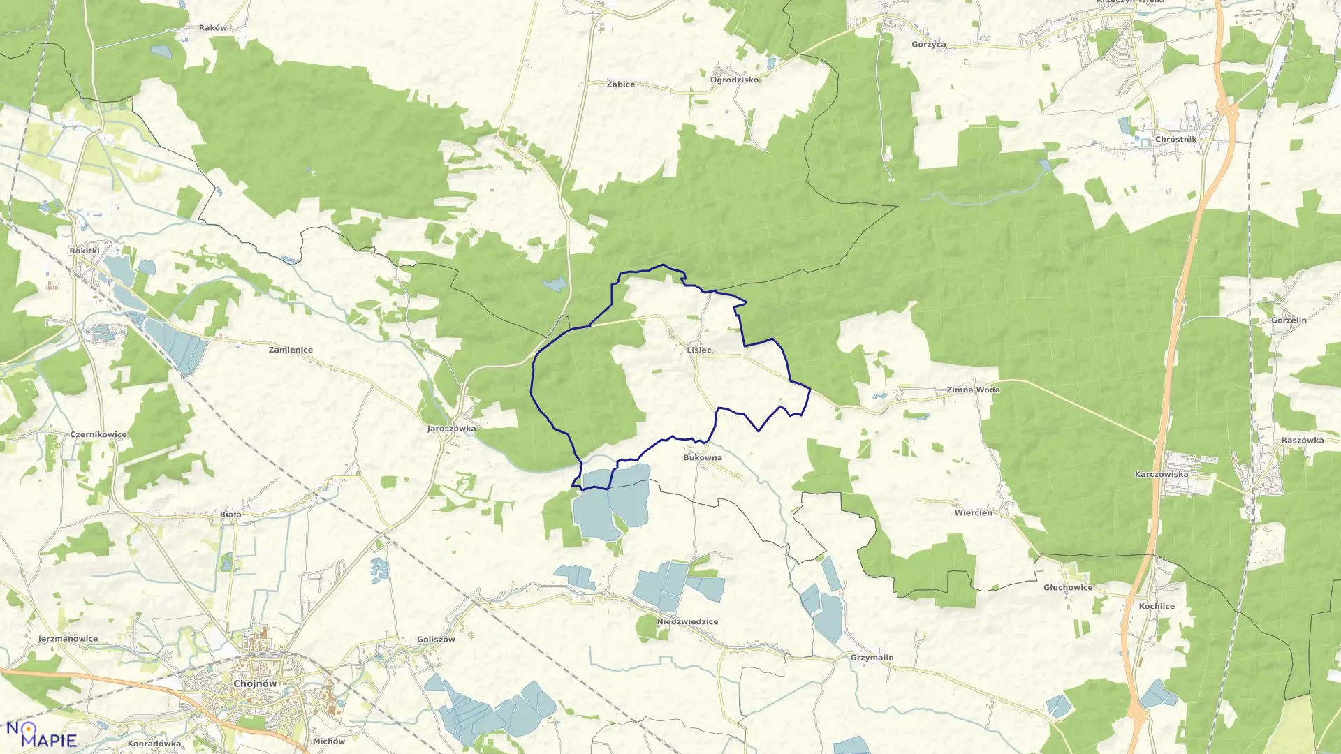 Mapa obrębu Lisiec w gminie Lubiń