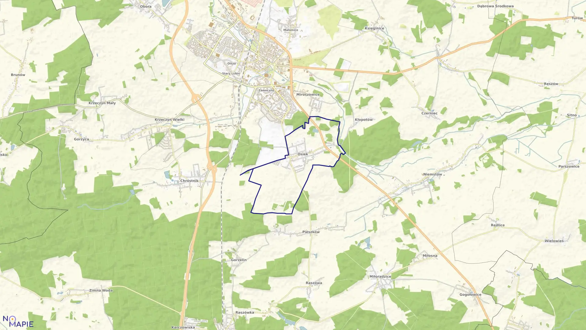 Mapa obrębu Osiek w gminie Lubiń