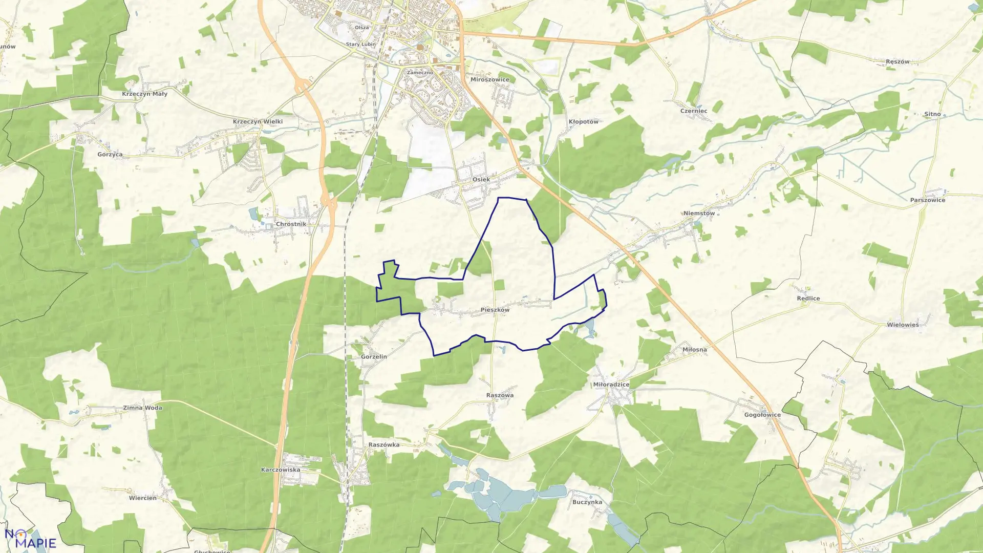 Mapa obrębu Pieszków w gminie Lubiń