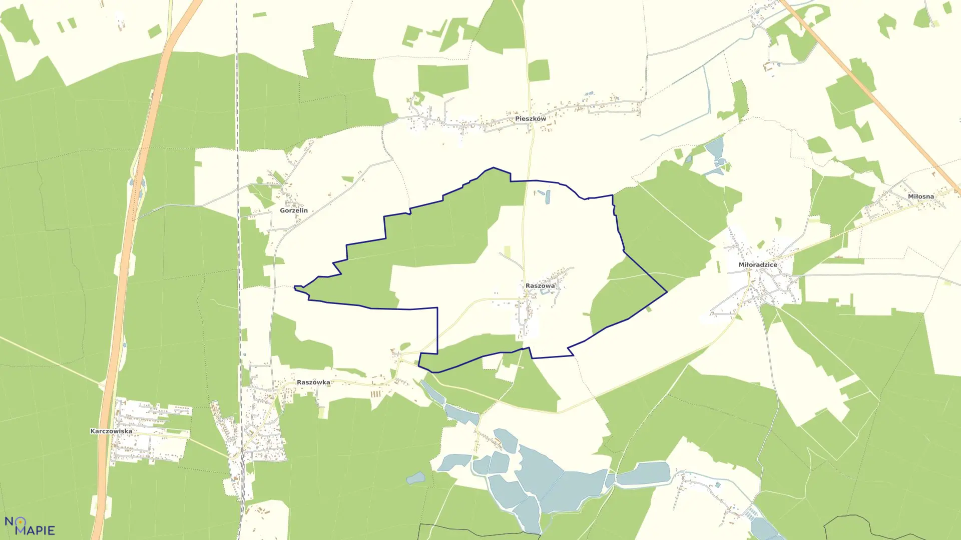 Mapa obrębu Raszowa w gminie Lubiń