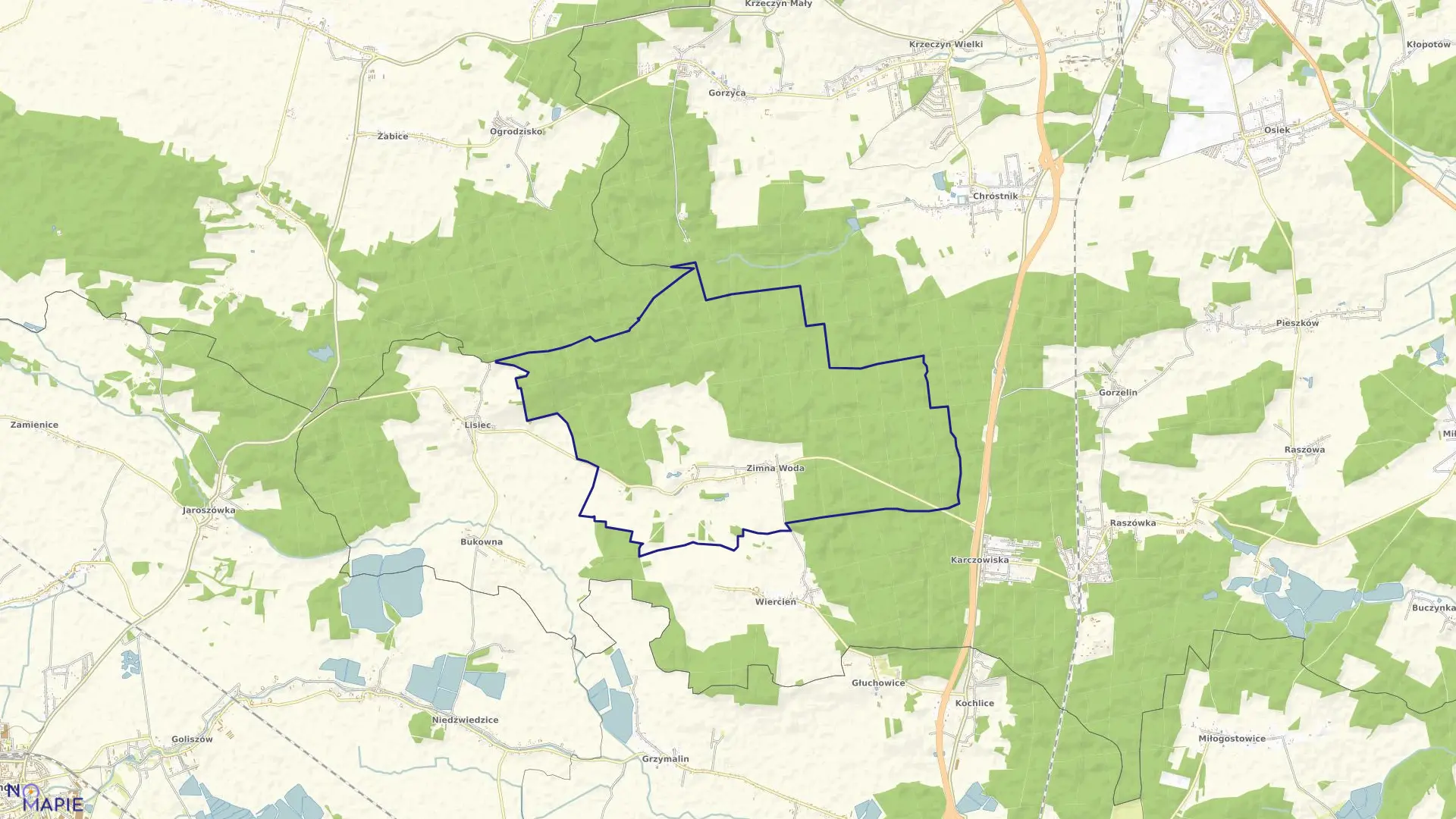 Mapa obrębu Zimna Woda w gminie Lubiń